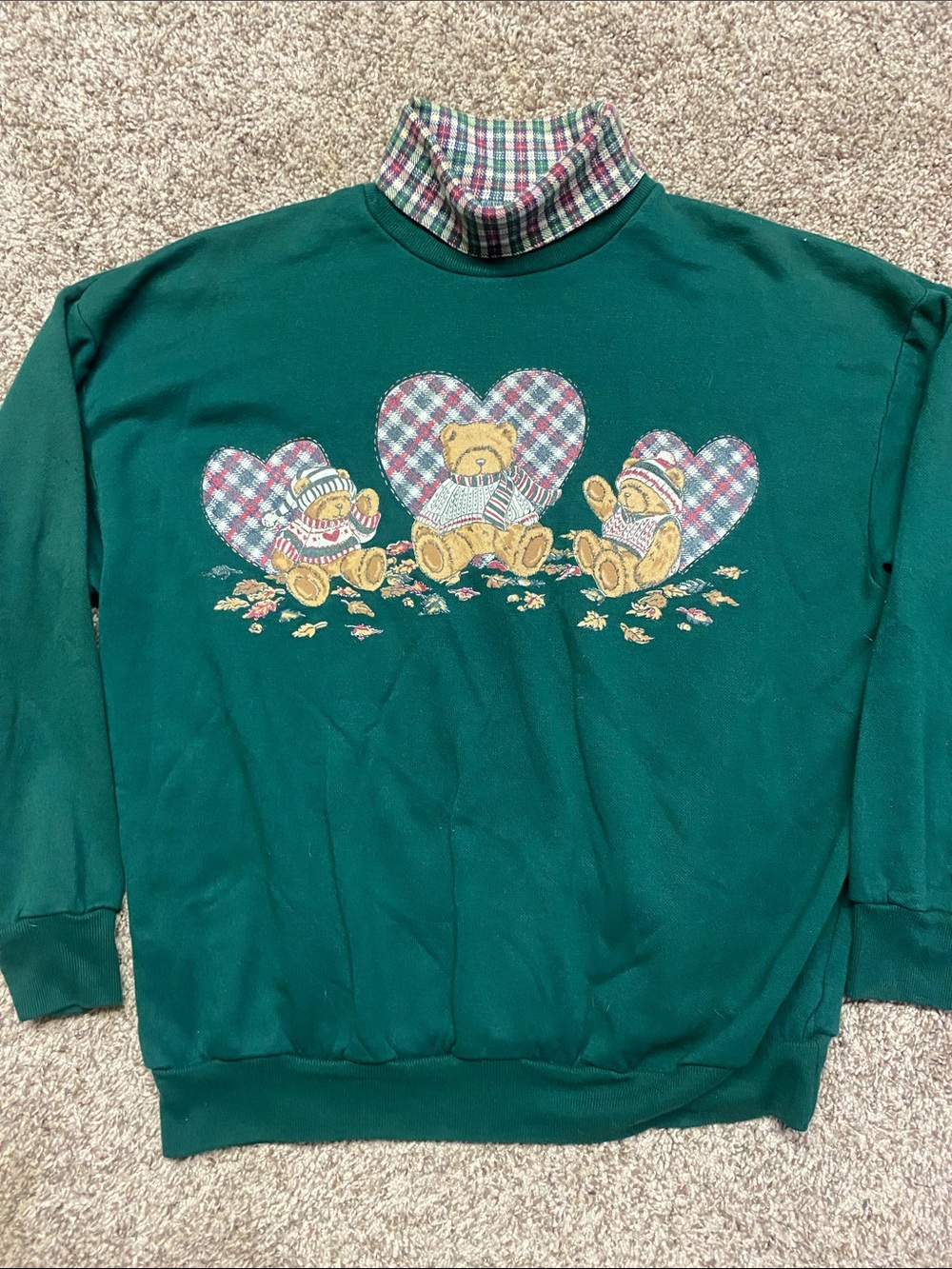 Vtg Basic Editions Teddy Bear Plaid Mock Neck Sweatshirt Womems Medium - 1503
